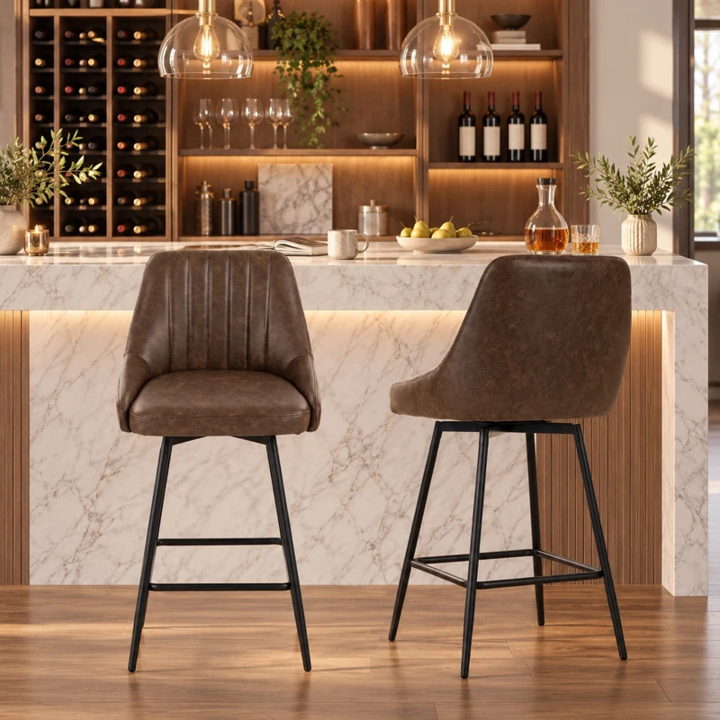 HOMCOM Bar Stools Set of 2, Swivel Counter Height Barstools with PU Leather, for Kitchen Island, Dining Room, Dark Brown