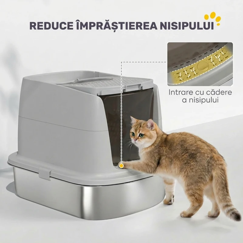 PawHut Litieră Închisă pentru Pisici din Oțel Inoxidabil, cu Capac Rabatabil, Acces Dublu și Paletă, Gri Deschis