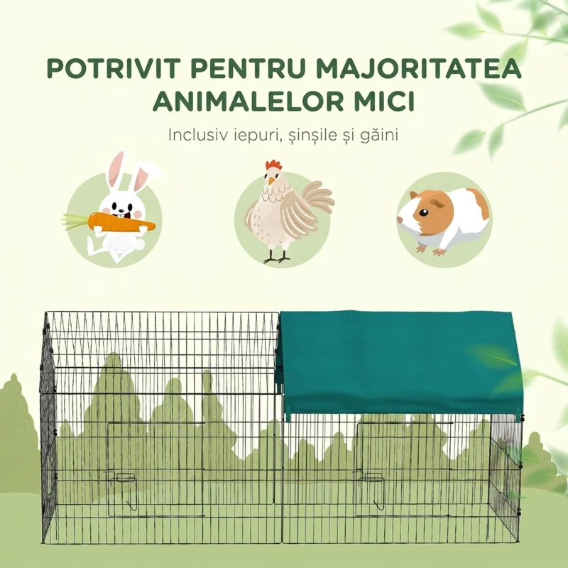 PawHut Cușcă pentru Iepuri de Exterior și Interior în Formă de Căsuță cu Acoperiș, 220x85x103cm, Verde