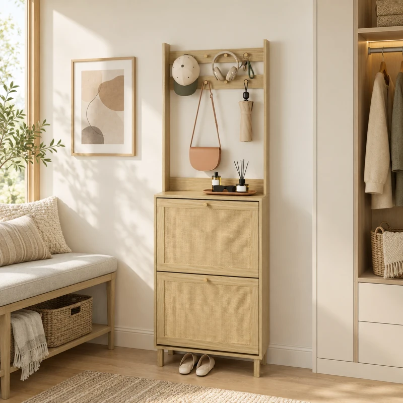 HOMCOM Perchero Zapatero con 2 Cajones Abatibles con Puertas de Ratán 8 Ganchos Estante Superior y Marco de Madera Natural