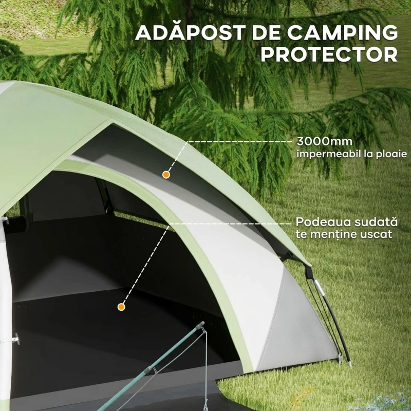 Outsunny Cort de Camping pentru 2 Persoane cu Fereastră din Plasă, din Poliester, Fibra de Sticlă și PE, 210x150x110 cm, Gri și Verde
