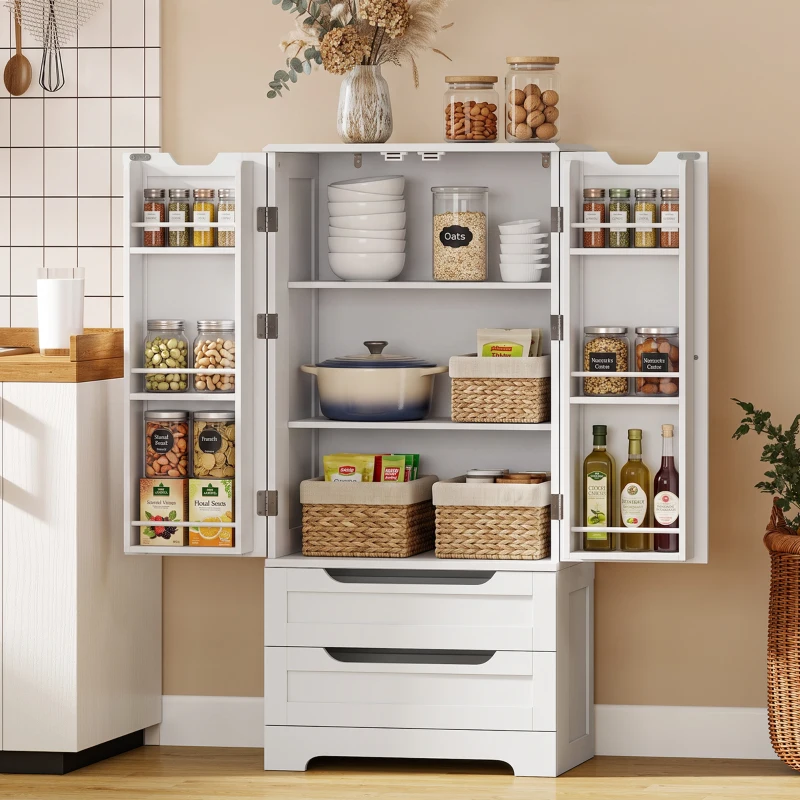 HOMCOM Armário Despenseiro de Cozinha com Prateleiras nas Portas e 2 Gavetas Móvel Auxiliar 58x38x120 cm Branco