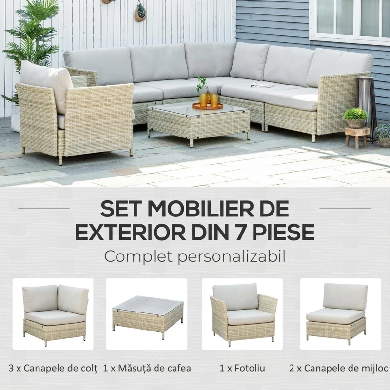 Outsunny Set mobilier de grădină modular din ratan PE, 7 piese, cu perne, bej(m-4)