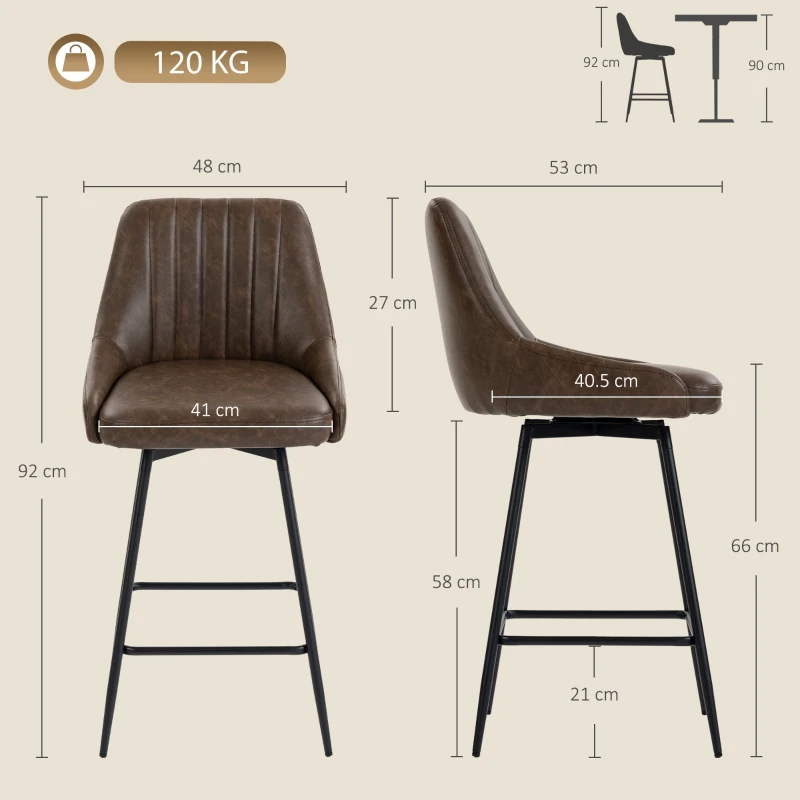 HOMCOM Bar Stools Set of 2, Swivel Counter Height Barstools with PU Leather, for Kitchen Island, Dining Room, Dark Brown