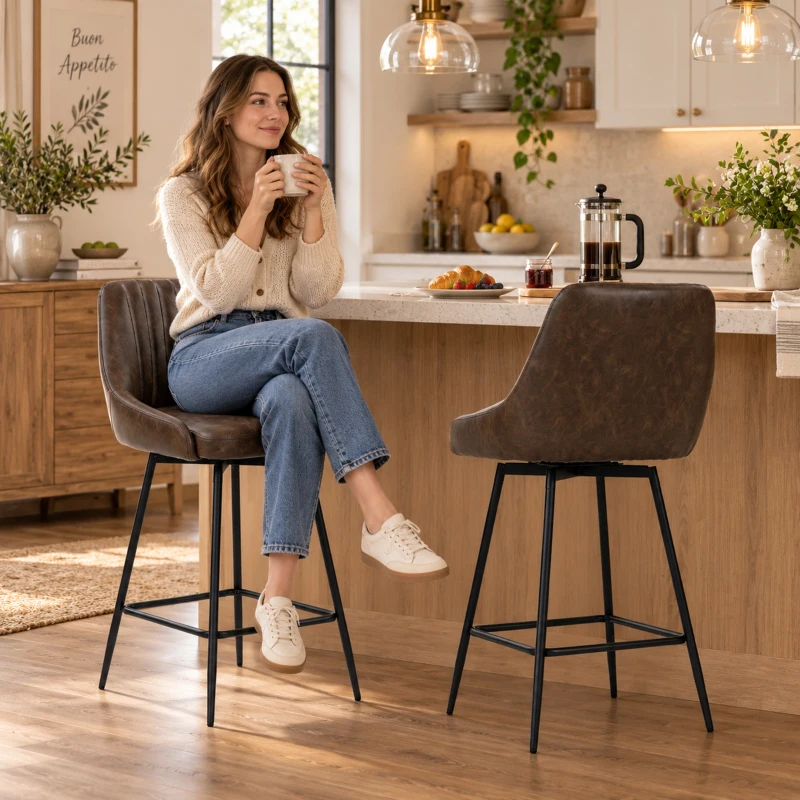 HOMCOM Bar Stools Set of 2, Swivel Counter Height Barstools with PU Leather, for Kitchen Island, Dining Room, Dark Brown