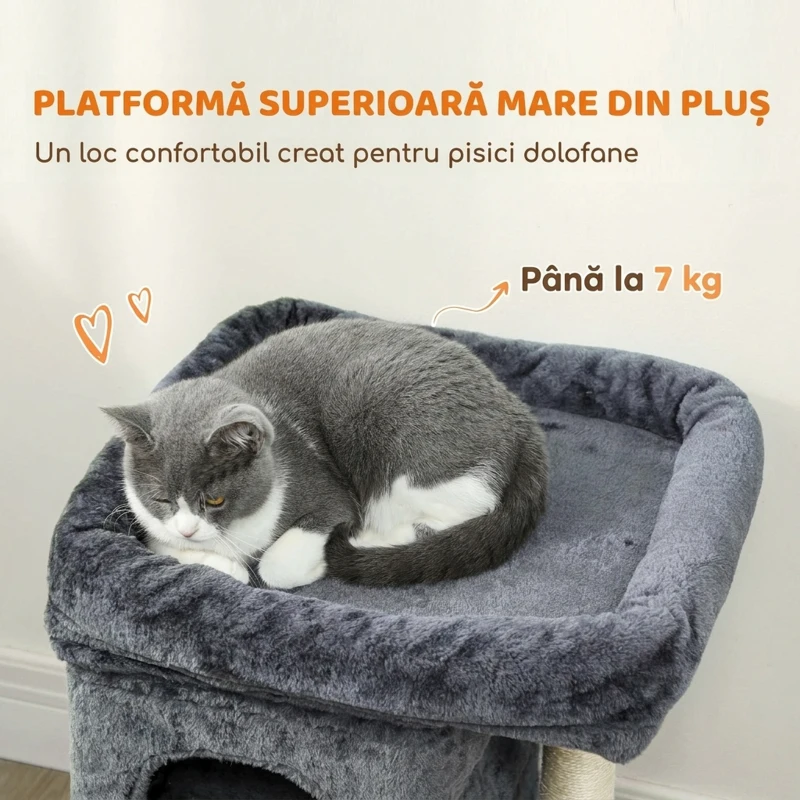 PawHut Turn pentru Pisici până la 7 kg cu 2 Căsuțe și Pat, Stâlp din Sisal și Acoperit cu Plus, Gri Închis