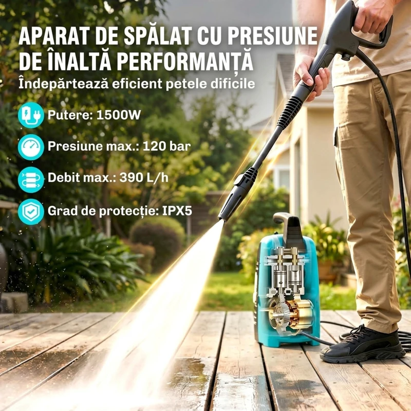 Outsunny Mașină de Spălat cu Presiune 1500 W, 120 Bari, Debit 390 L/h, Electrică cu Duza Reglabilă, Albastru