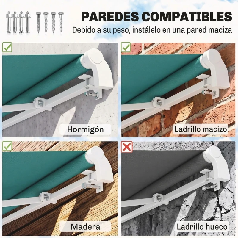 Outsunny Toldo de Pared con Brazo Articulado y Manivela Marco Resistente de Aluminio y Cubierta de Poliéster 295x245 cm Verde