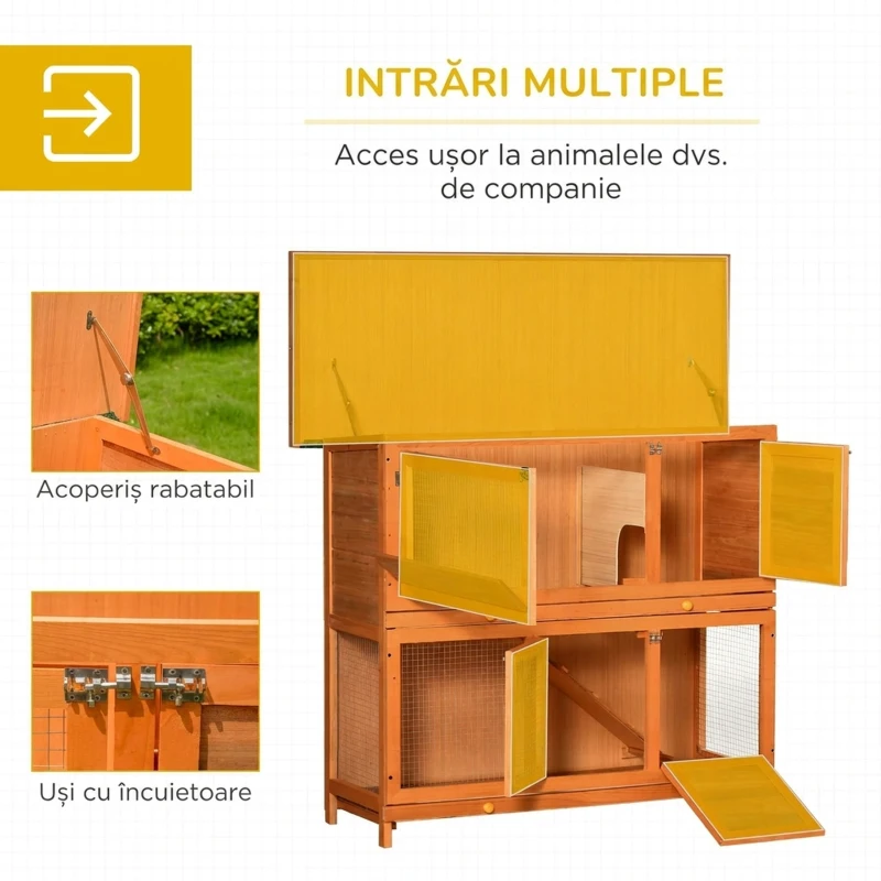 PawHut Cușcă pentru Iepuri din Lemn pentru Exterior cu Căsuță și Gard pe 2 Nivele, 122x48x100 cm