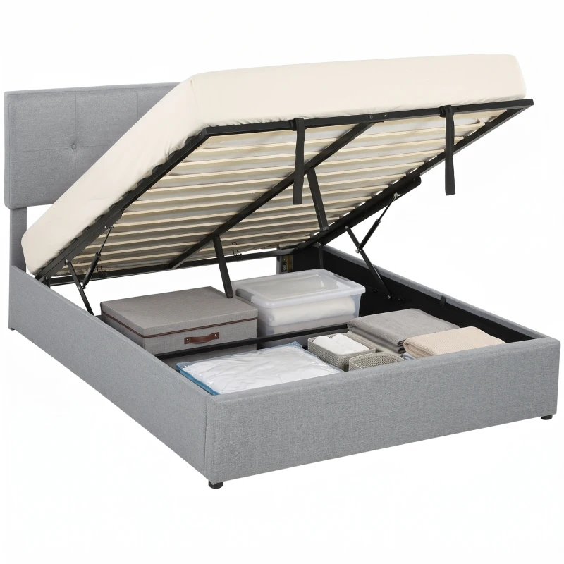 HOMCOM Pat cu ladă 140 x 190 cm, tapițat cu aspect de in, gri închis