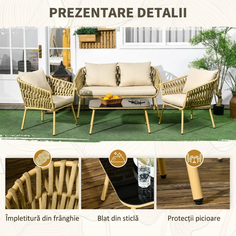 Outsunny Set Mobilier de Exterior cu Canapea cu 2 Locuri, 2 Fotolii cu Perne și Măsuță de Sticlă