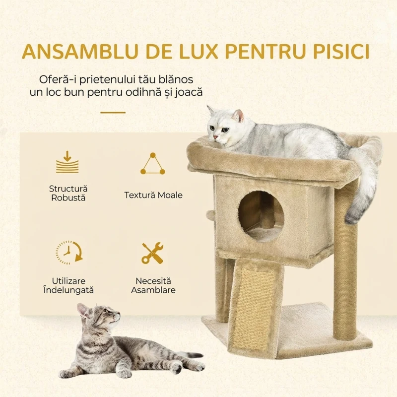 PawHut Ansamblu de Joacă pentru Pisici din Pluș cu Căsuță, Pat, Stâlp de Scris din Iută și Minge, Maro