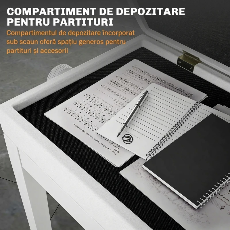 HOMCOM Taburet Pian Reglabil cu Spațiu de Depozitare și Șezut Tapițat, 54,5x33x48-58 cm, Alb