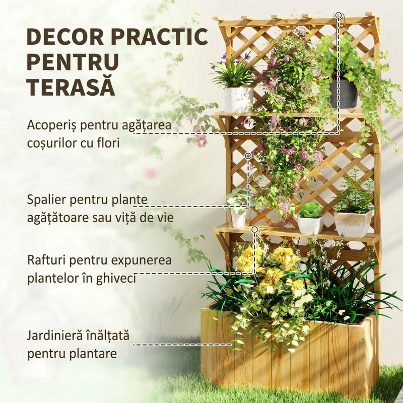 Outsunny Jardinieră cu Spalier pentru Plante Cățărătoare, Orificii de Drenaj și 2 Rafturi, din Lemn de Molid, 76x33x177 cm