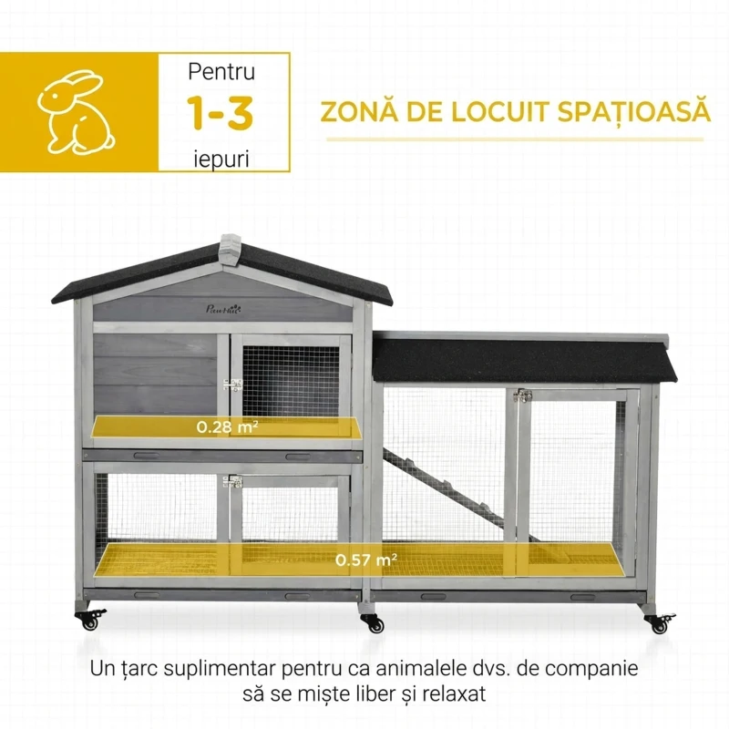 PawHut Cușcă pe 2 Nivele cu Plasă Protectoare și Roți din Lemn și Metal, 157.4x53x99.5 cm, Gri