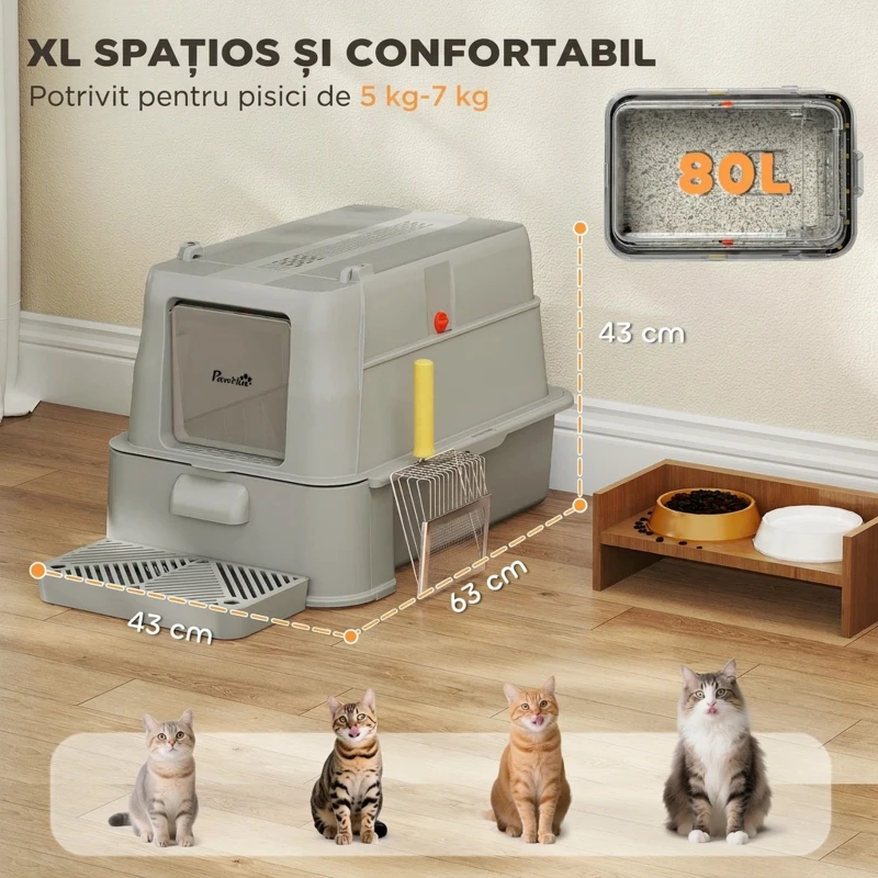 PawHut Litieră pentru Pisici Închisă de 80L cu Tavă Detașabilă, din ABS și Oțel Inoxidabil, 63x43x43 cm, Gri Deschis