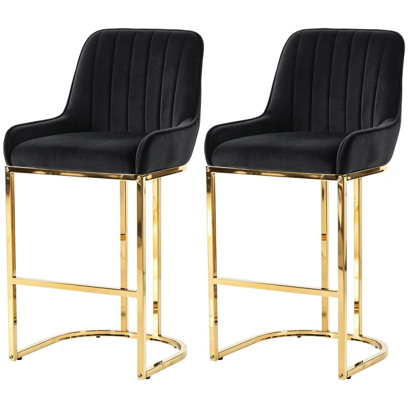 HOMCOM Bar Stools Set of 2 with Backrest, Footrest, Gold Electroplated Legs for Kitchen Island, Dining Room, Black