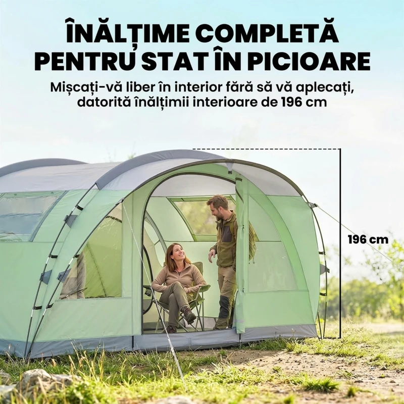 Outsunny Cort Mare Multi-Cameră pentru 2-4 Persoane, cu Ferestre și Verandă, Verde