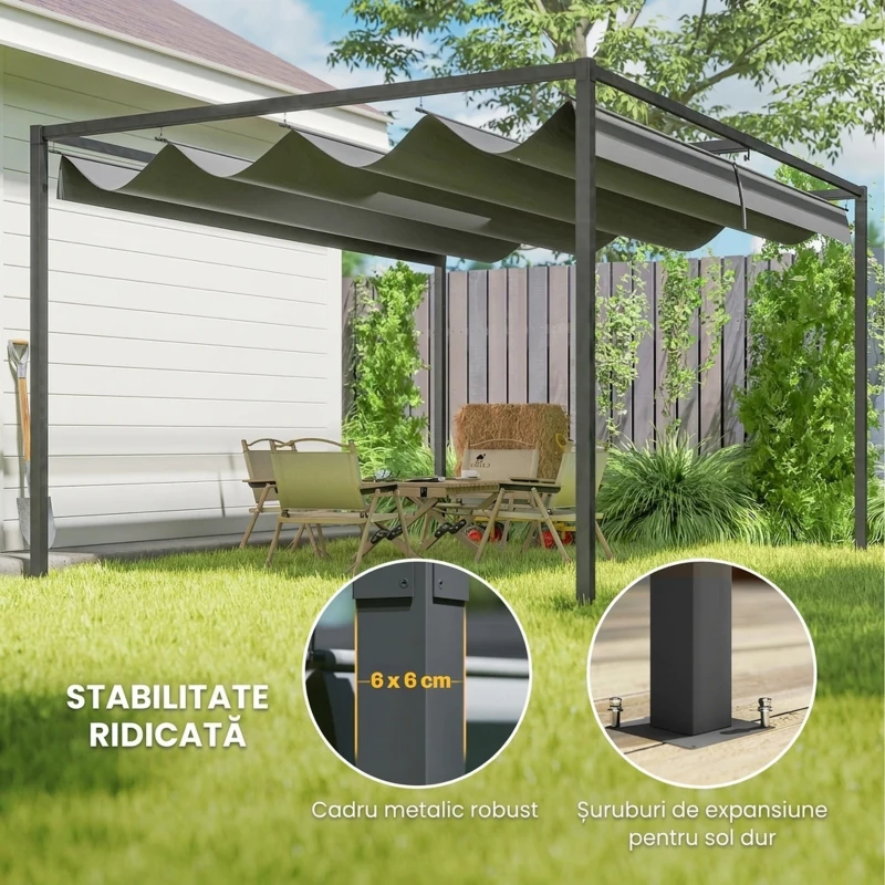 Outsunny Gazebo Pergolă 4x3 m cu Acoperiș Retractabil, Orificii de Drenaj, Picheți și Șuruburi, Pergolă de Grădină din Poliester și Metal, pentru Terasă, Verandă, Exterior, Gri Închis