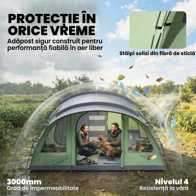 Outsunny Cort Mare Multi-Cameră pentru 2-4 Persoane, cu Ferestre și Verandă, Verde