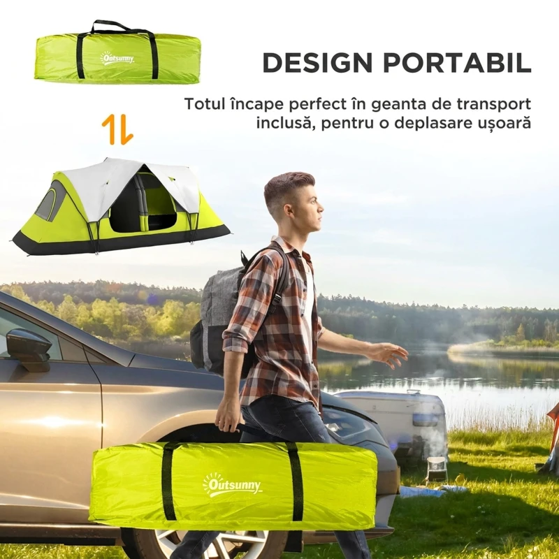 Outsunny Cort de Camping pentru 6 Persoane cu 2 Spații Separate, din Poliester și Fibra de Sticlă, 450x215x180 cm, Verde