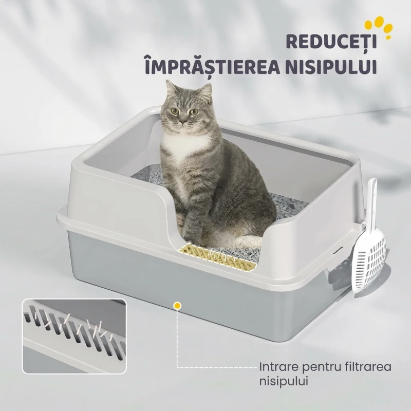 PawHut Litieră pentru Pisici cu Margini Ridicate, Tavă și Lopățică, din Oțel Inoxidabil și PP, 60x40x28 cm, Gri Deschis