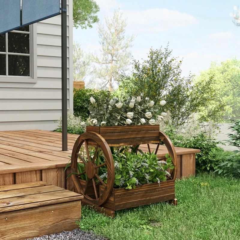 Outsunny Jardinieră în Lemn pentru Exterior pe 2 Nivele cu 3 Ghivece și Roți de Căruță în Stil Rustic, 64x54x60 cm
