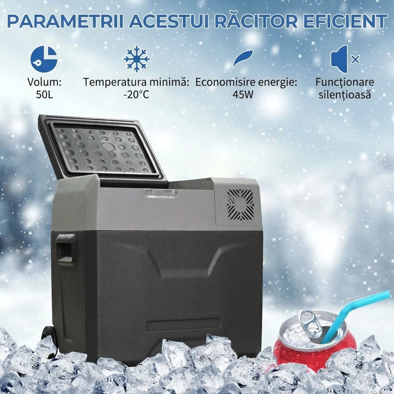 HOMCOM Frigider auto de 50L cu panou tactil, mâner și 2 roți, din aluminiu și plastic, 58.6x37.8x54.5 cm, gri