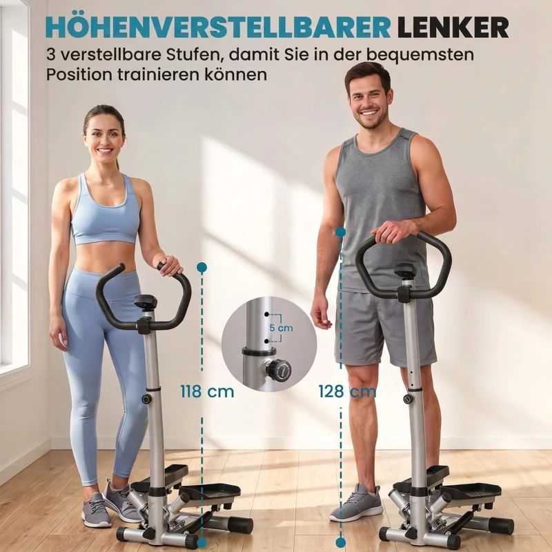 HOMCOM stepper met handvat fitness hometrainer voor thuis, klein fitnessapparaat voor been- en bodemtraining met LCD-scherm, instelbare snelheid Metaal ABS Zwart + Zilver 55 x 53 x 118-128 cm(m-4)