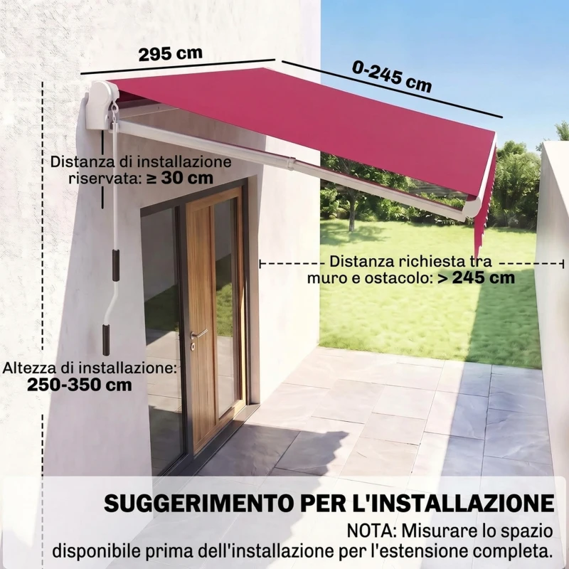 Outsunny Tenda da Sole Avvolgibile a Caduta con Manovella, in Alluminio e Poliestere, 295x245cm, Rosso Scuro