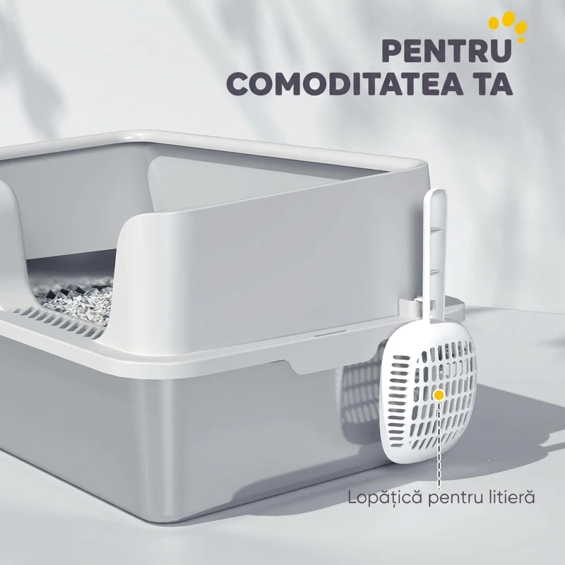 PawHut Litieră pentru Pisici cu Margini Ridicate, Tavă și Lopățică, din Oțel Inoxidabil și PP, 60x40x28 cm, Gri Deschis