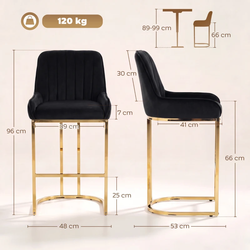 HOMCOM Bar Stools Set of 2 with Backrest, Footrest, Gold Electroplated Legs for Kitchen Island, Dining Room, Black
