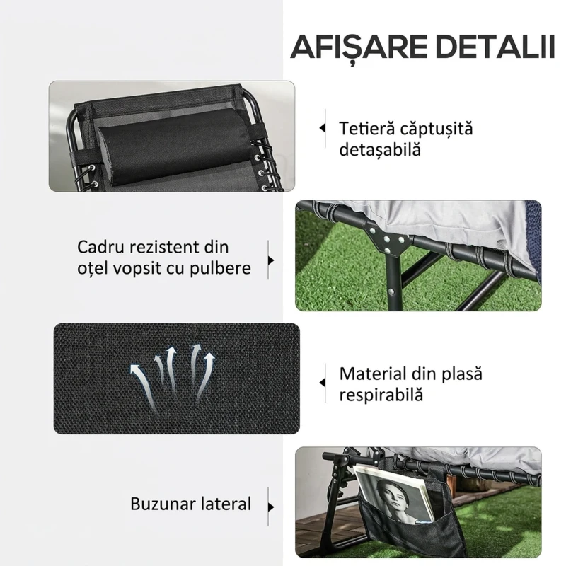 Outsunny Șezlong pliabil cu pernă, tetieră și buzunar lateral, 58x189x32,5 cm, gri deschis