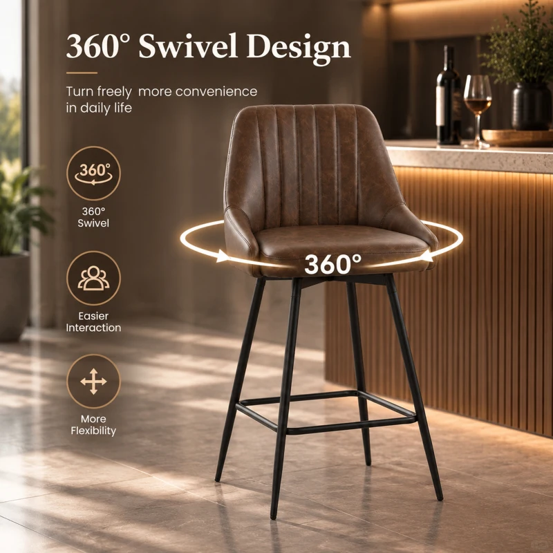 HOMCOM Bar Stools Set of 2, Swivel Counter Height Barstools with PU Leather, for Kitchen Island, Dining Room, Dark Brown