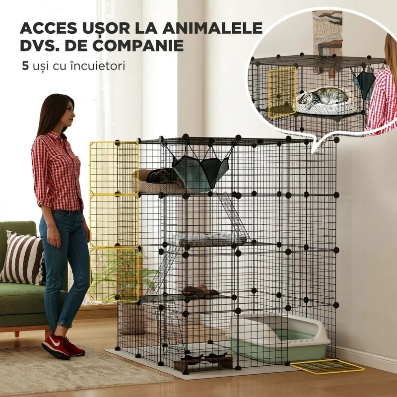 PawHut Cușcă Modulară pentru Pisici cu 4 Niveluri, cu Platforme, Rampe și 5 Uși, din Oțel și PP, 105x105x140 cm, Negru