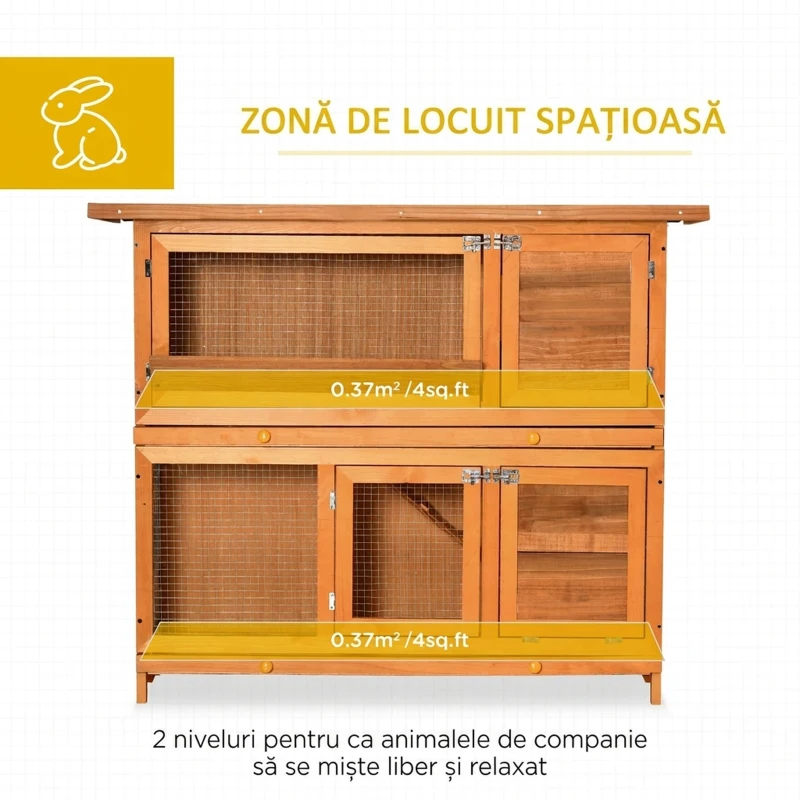 PawHut Cușcă pentru Iepuri din Lemn pentru Exterior cu Căsuță și Gard pe 2 Nivele, 122x48x100 cm