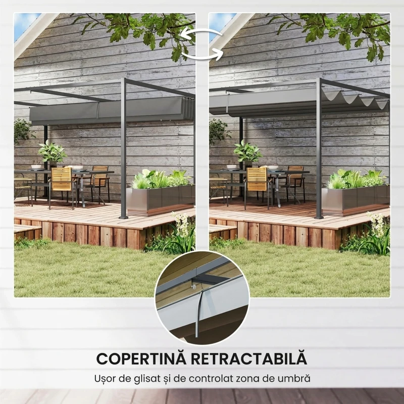 Outsunny Gazebo Pergolă 4x3 m cu Acoperiș Retractabil, Orificii de Drenaj, Picheți și Șuruburi, Pergolă de Grădină din Poliester și Metal, pentru Terasă, Verandă, Exterior, Gri Închis