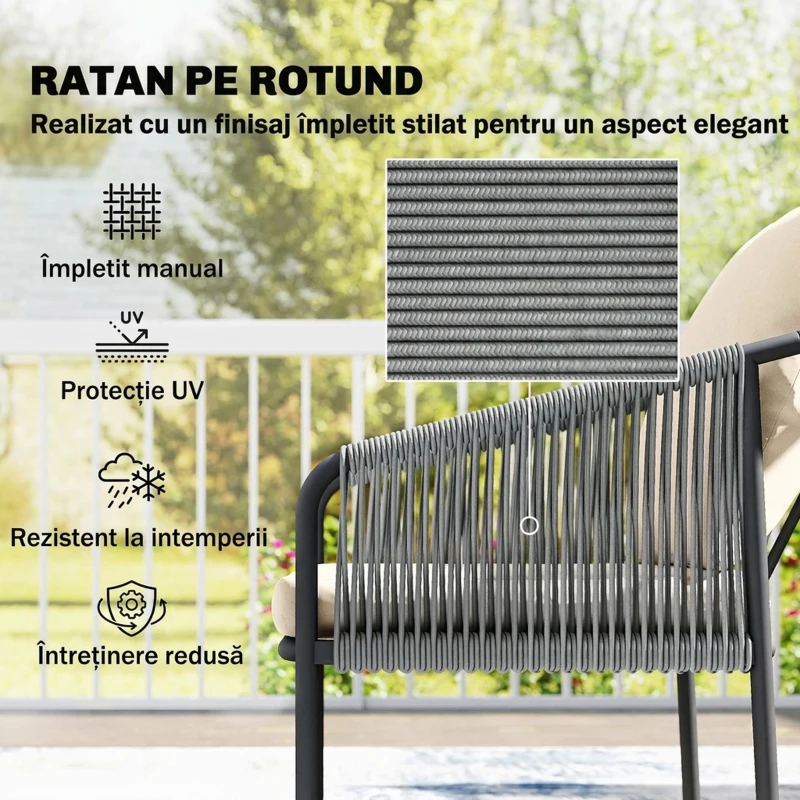 Outsunny Set Grădină Ratan 4 Piese, Canapea 2 Locuri, 2 Fotolii, Măsuță Metal, Cadru Oțel, Bej Gri Deschis