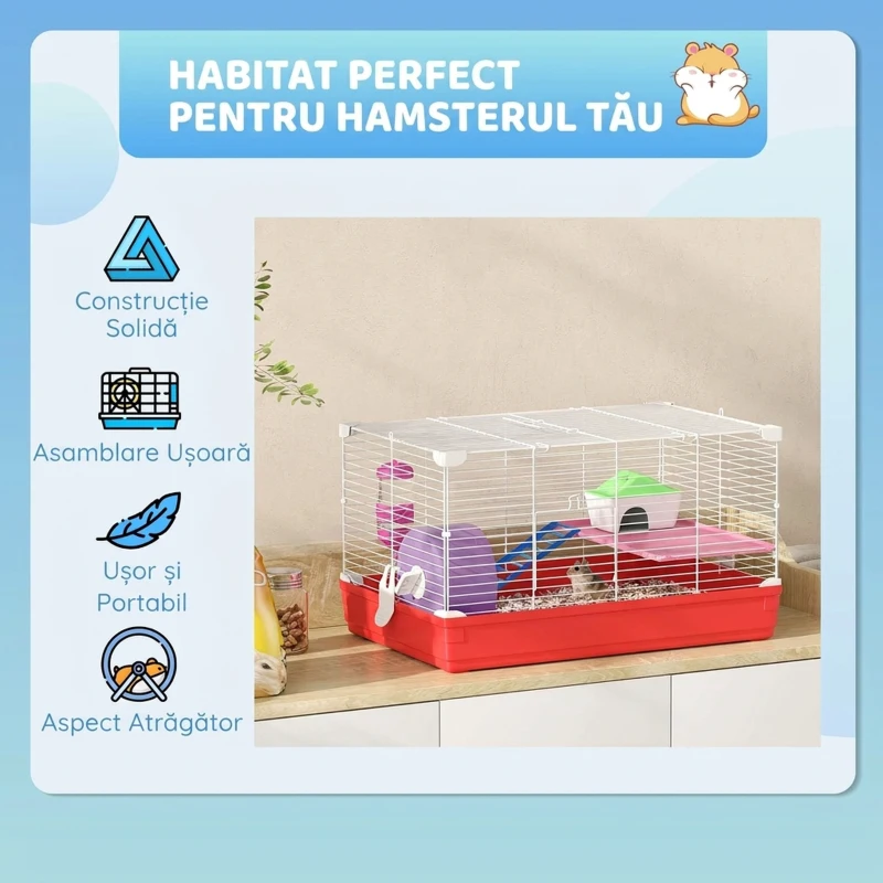 PawHut Cușcă pentru Hamsteri pe 2 Niveluri din Metal și PP cu Căsuță, Rezervor de apă și Roată, 47x30x27 cm