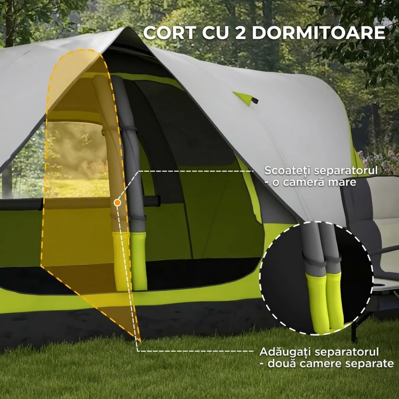 Outsunny Cort de Camping pentru 6 Persoane cu 2 Spații Separate, din Poliester și Fibra de Sticlă, 450x215x180 cm, Verde