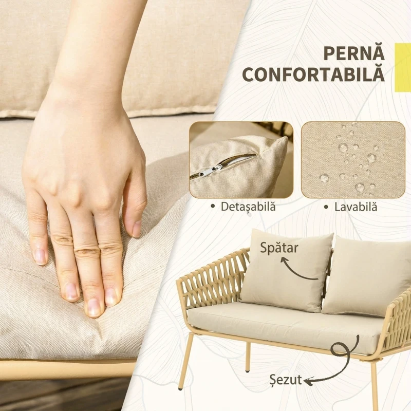 Outsunny Set Mobilier de Exterior cu Canapea cu 2 Locuri, 2 Fotolii cu Perne și Măsuță de Sticlă