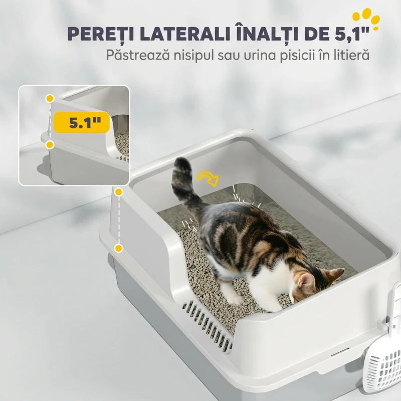 PawHut Litieră pentru Pisici cu Margini Ridicate, Tavă și Lopățică, din Oțel Inoxidabil și PP, 60x40x28 cm, Gri Deschis