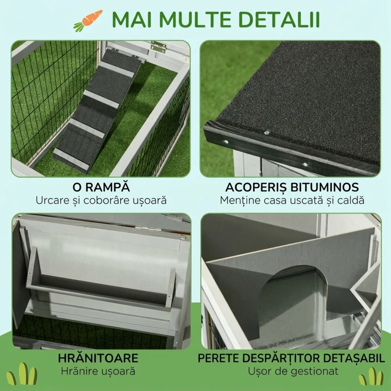 PawHut Cușcă de Exterior cu Rampă, Acoperiș Rabatabil și Tăviță, din Lemn de Brad, 150x52x68 cm, Gri Deschis