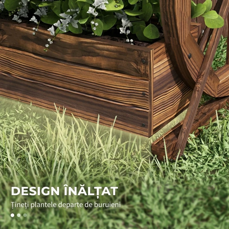 Outsunny Jardinieră din Lemn pentru Exterior pe 2 Niveluri cu 3 Ghivece și Roți de Car în Stil Rustic, 55x32x56cm