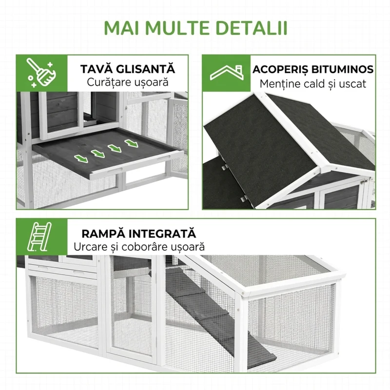 PawHut Cușcă pentru Găini sau Rațe, Cuibar Prefabricat din Lemn cu Acoperiș Impermeabil, 178x95x100 cm, Gri