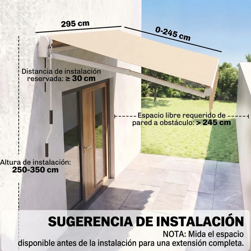 Outsunny Toldo de Pared con Brazo Articulado y Manivela Marco Resistente de Aluminio y Cubierta de Poliéster 295x245 cm Beige