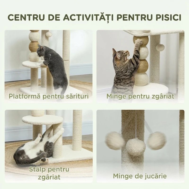 PawHut Turn pentru Pisici cu Pat, Platformă și Minge de Joacă, din Lemn, Pluș și Iută, 48.5x40x76 cm, Bej