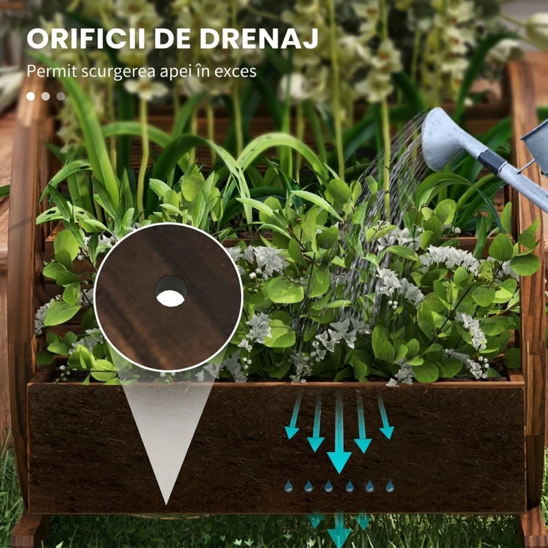 Outsunny Jardinieră în Lemn pentru Exterior pe 2 Nivele cu 3 Ghivece și Roți de Căruță în Stil Rustic, 64x54x60 cm