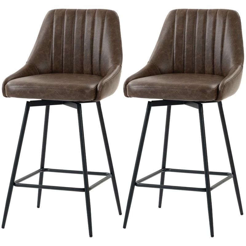 HOMCOM Bar Stools Set of 2, Swivel Counter Height Barstools with PU Leather, for Kitchen Island, Dining Room, Dark Brown