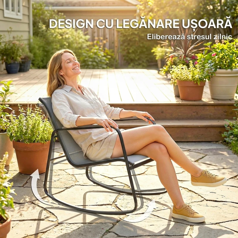 Outsunny Set Bistro din 3 Piese, Set de Grădină cu 2 Scaune de Exterior cu Mișcare de Legănare din Textilenă Respirabilă, Masă cu Blat din Sticlă, Set Masă și Scaune din Oțel pentru Terasă și Balcon, Gri